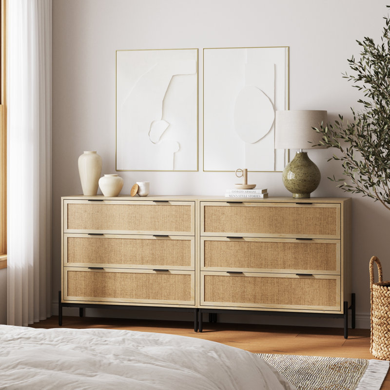 3-Drawer Wood Rattan Dresser with Metal Legs, Oak/Black