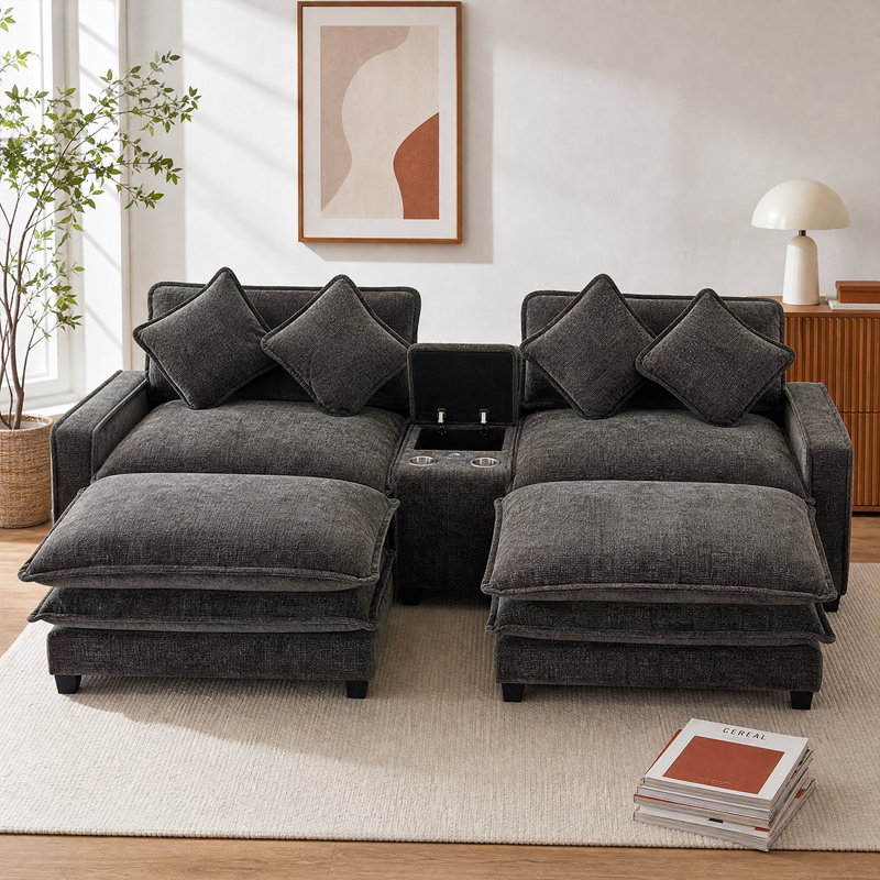 Canapé modulaire en chenille avec sièges polyvalents, grand rangement et ports USB pratiques, Gris