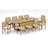 13 Pcs Grade-A Teak Wood Dining Set: 118" Double Extension Mas Oval Trestle Leg Table And 12 Hari Stacking Arm Chairs #11HR2712