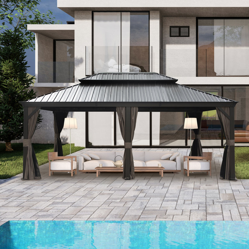 14 Ft. D x 20 Ft. W Galvanized Steel Patio Gazebo, Dark Brown