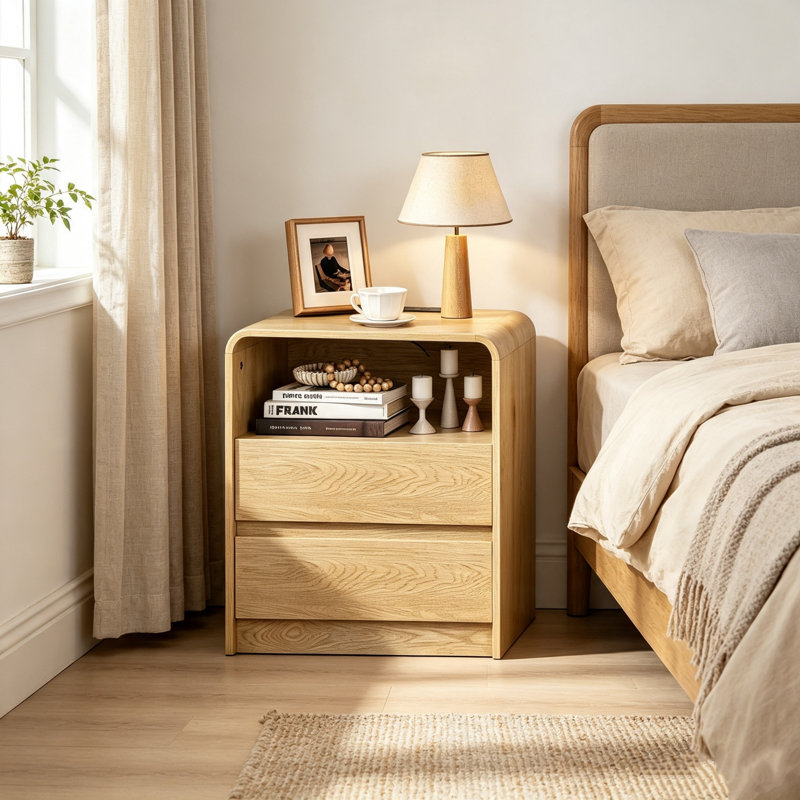 Table de chevet moderne avec station de charge et 2 tiroirs, table de chevet haute en bois de 25 pouces avec ports USB, table de bout de style Mid-Century pour la chambre à coucher, Nature Smooth