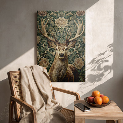 Victorian “Stag with Antlers Against William Morris-Style Floral Backdrop (Elegant Tone)” Floral Stag Canvas Wall Art Stretched Frame for Cozy Studio