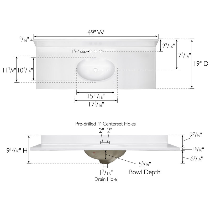 Solid White 49" Cultured Marble Vanity Top with Integrated Sink