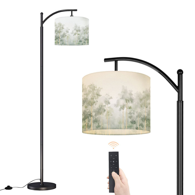 Lampe sur pied à arc avec abat-jour réglable, aquarelle douce, paysage de forêt, arbres brumeux, lampe sur pied aux tons verts subtils, 3 températures de couleur, gradateur haut avec interrupteur au pied pour la chambre à coucher