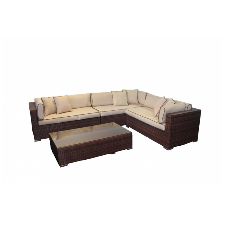 Tessa 6 Seater Rattan Corner Sofa Set with Cushion, Chocolate/Cream