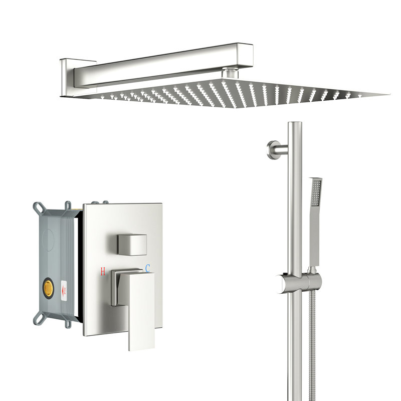 12 Inch Square Shower System Brushed Nickel - Adjustable Slide Bar, -balanced Valve & Handheld Accessory With Bar Wall Mounted Square, Unit