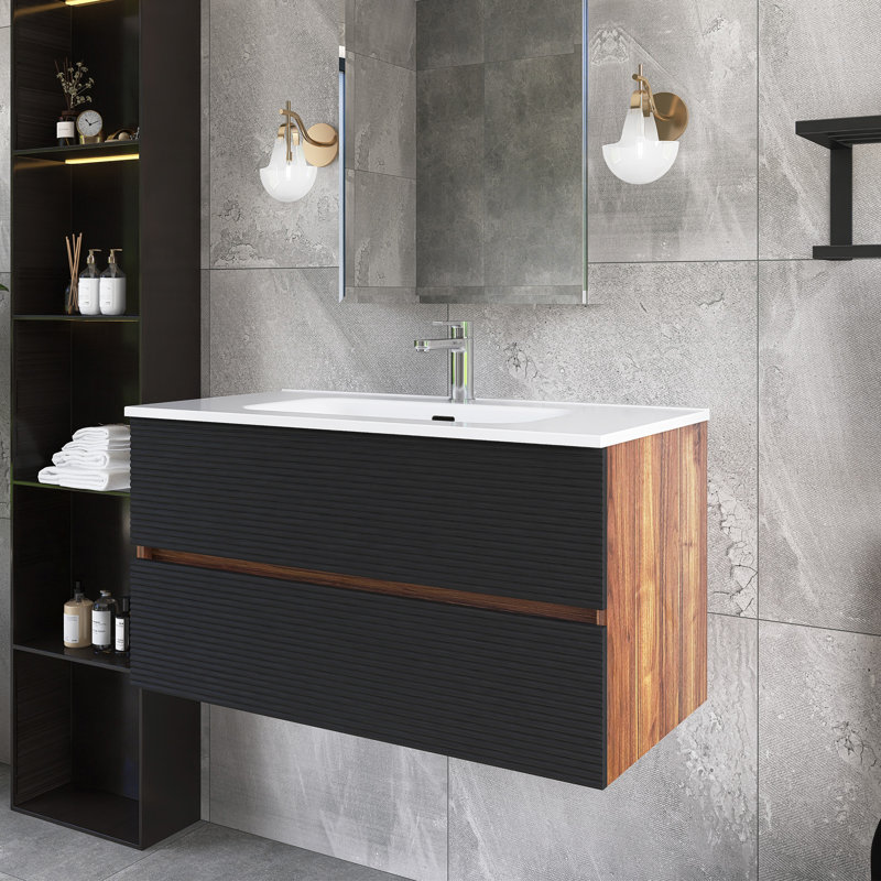 36 po W Meuble-lavabo mural simple avec lavabo, Brun / Noir