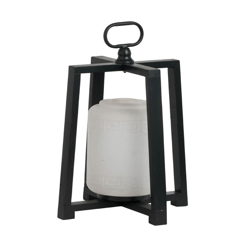 Lantern With White Glass Insert, Fir Wood And Iron Loop, 17 Inch