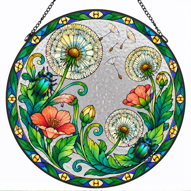 Art mural sur toile Stand Glass Dandelions and Beetles, H 7,8 po