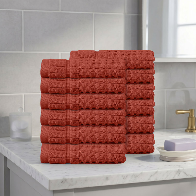 Willow 12 Pieces Washcloth Towel Set – 100% Combed Cotton, Premium Quality 630 GSM, Coral, Ultra-Soft & Highly Absorbent (12 Wash Towels)