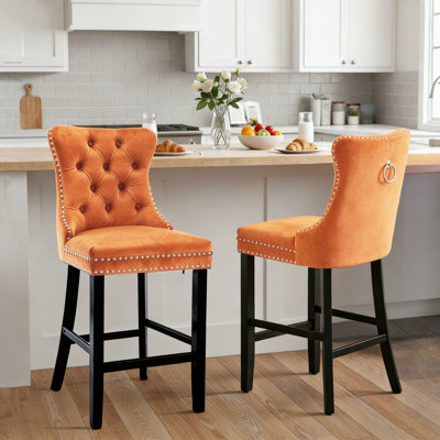 Classic Velvet Upholstered Solid Wood Frame Double Bar Stool Set with Rivet Trim