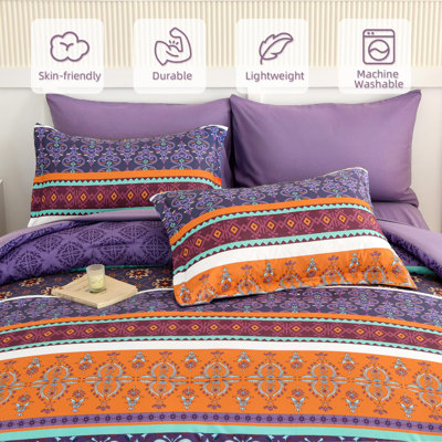 7 Piece Bohemian Floral Striped Comforter Set Soft Microfiber Bedding Complete Set for All Seasons