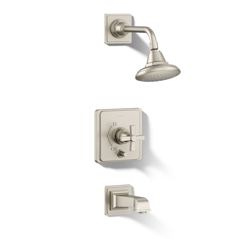 Pinstripe® Pure Rite-Temp Pressure-Balancing Bath and Shower Faucet Trim, Vibrant Brushed Nickel, Cross Handle