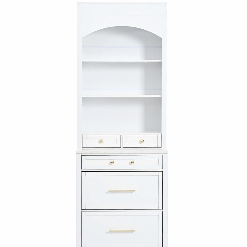 [Vidéo d'assemblage fournie] Armoire de rangement de 83,7 po de hauteur moderne TopMAX, armoire de cuisine haute autoportante avec plateau en marbre artificiel, armoire de présentation avec 5 tiroirs de rangement et tablettes réglables, blanc