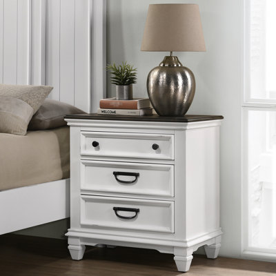 3 Nightstand In Weathered White And Grey, Black Hardware Bedroom Modern Style - Grey Finish