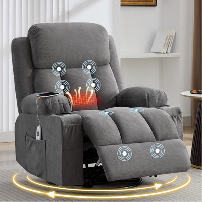 Fauteuil inclinable pivotant à bascule avec fonction de massage par vibration et chauffage pour le salon, avec fonction de bascule, poche latérale, port de charge USB et 2 porte-gobelets.