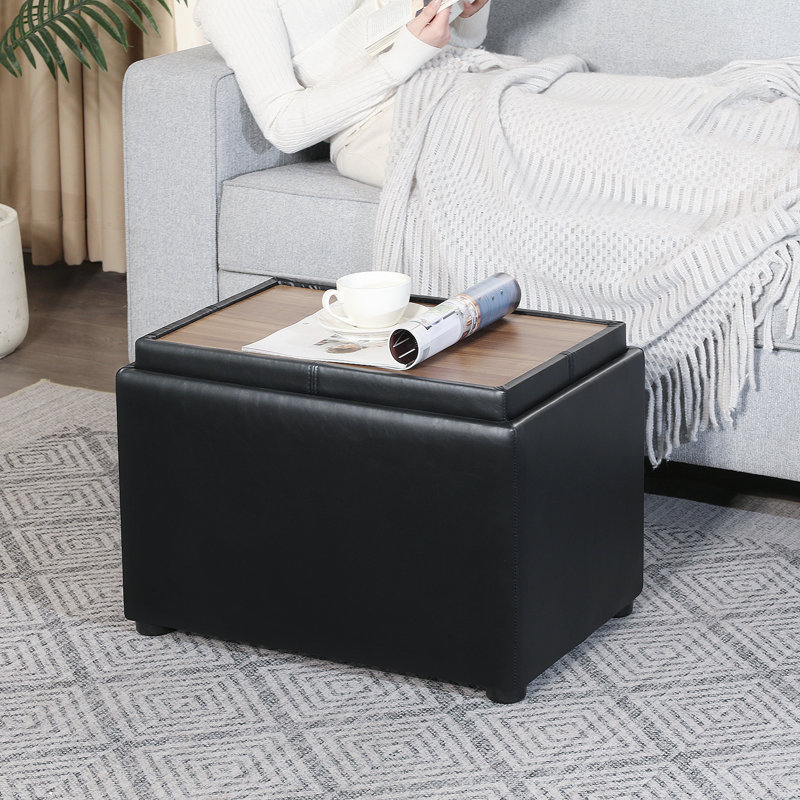 22" Wide Faux Leather Storage Ottoman Bench With Reversible Tray