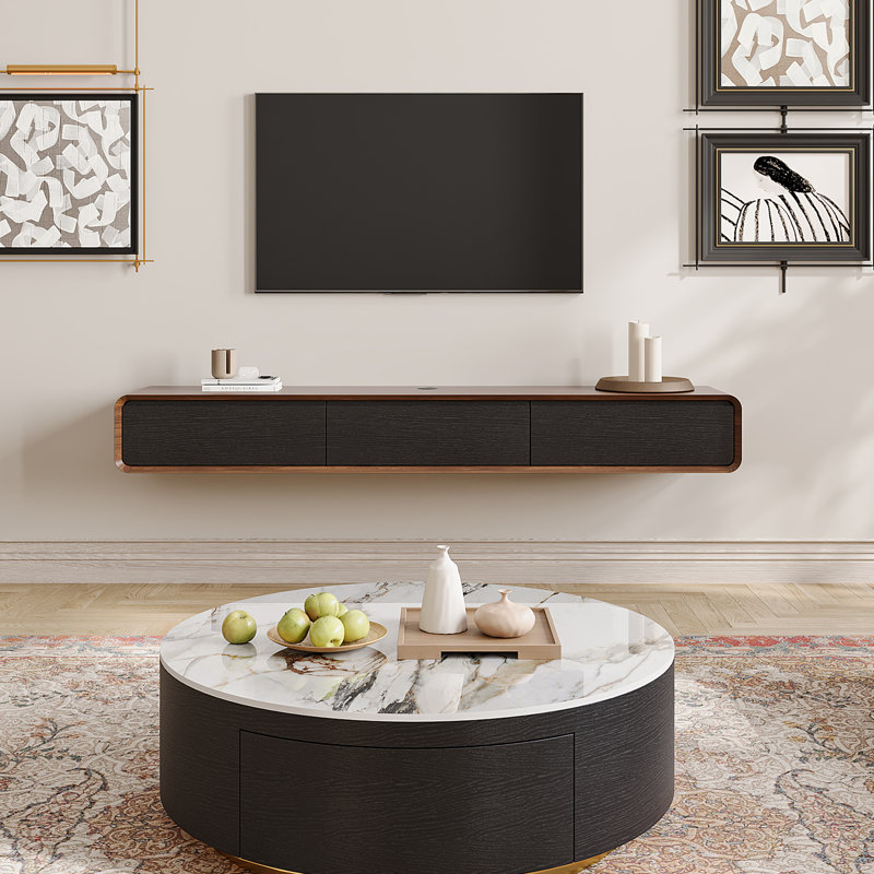  Floating TV Stand, Entertainment Center with 4 Drawers, Solid Wood, Fully-Assembled, Dark Brown/Black, 78.74''