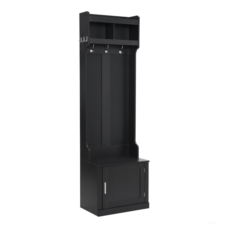 Arbre d'entrée minimaliste avec armoire et 6 crochets, banc de rangement multifonctionnel pour petits espaces, Noir