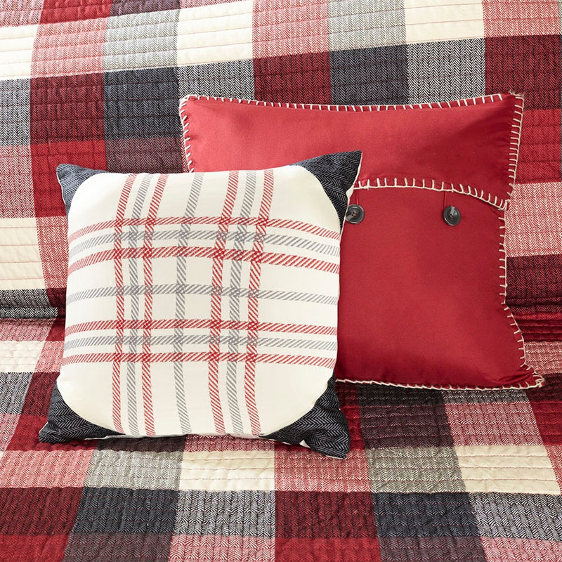Courtepointe rouge à motif chevrons 6 pièces pour lit très grand / très grand, matériau, y compris la courtepointe, 2 taies décoratives et 3 coussins décoratifs, détails cousus à la main sur la machine, motif à chevrons imprimé