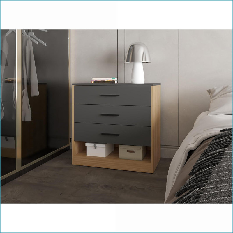 Commodes à 3 tiroirs Tablette ouverte, chêne naturel moderne / gris mat | Panneau de particules