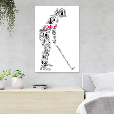 Fille avec golf sur fond blanc - Golf, fer, oiseau - reproduction d'art graphique rectangulaire sur toile tendue