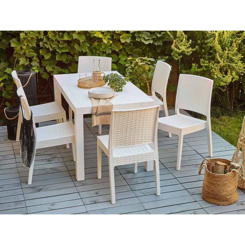 Ezmerelda 6 - Person Acacia Patio Dining Set with Rectangular Table , Cushions Included, White