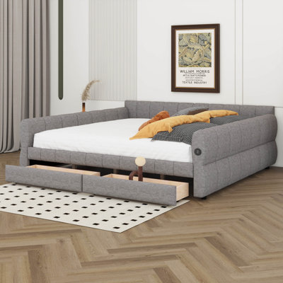 King Size Daybed With 2 Storage Drawers, Upholstered Daybed With USB, Platform Bed For Bedroom, No Box Spring Needed