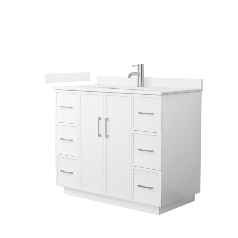 Ensemble de meuble-lavabo simple autoportant 42 po avec plateau en quartz Elan TK, Blanc, Nickel brossé, Quartz blanc