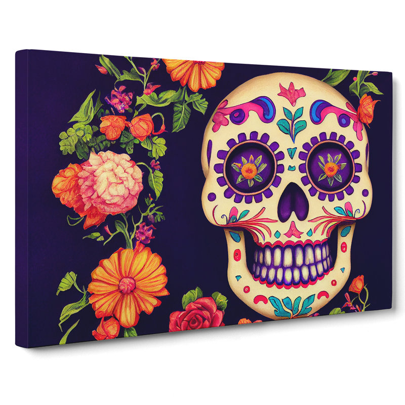 Fancy Floral Sugar Skull - Wrapped Canvas, 35cm H x 50cm W x 3cm D