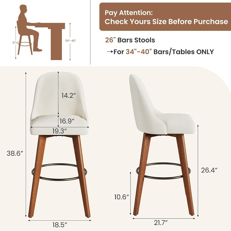 Ensemble de 4 tabourets de bar de 66 cm (26 po) de hauteur comptoir, pivotants à 360°, blancs | Chaises de bar rembourrées en lin avec dossier et pieds en bois, pour îlot de cuisine