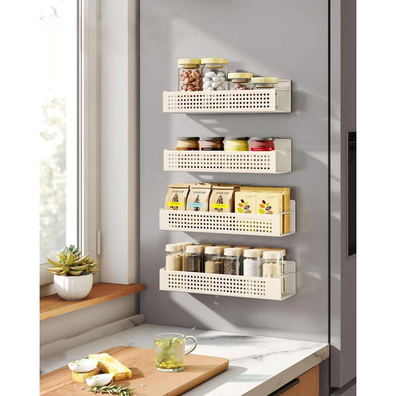 Support à épices puissant pour réfrigérateur, ensemble de 4, 2 grandes et 2 petites tablettes magnétiques pour micro-ondes, machine à laver, range-épices, sans perçage, blanc crème
