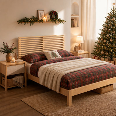 Wood Platform Bed Frame with Horizontal Slat Headboard