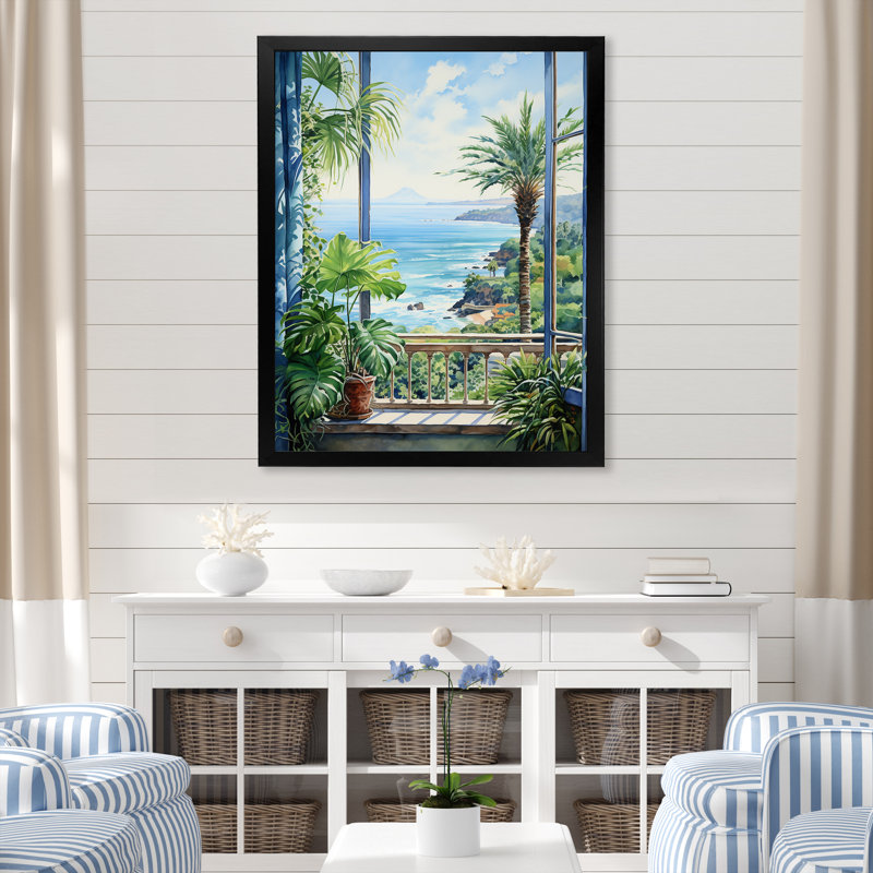 «Tropical Windows To The Beach II - Coastal Windows», art mural, Cadre simple noir, H 32 po x l 24 po x P 1 po