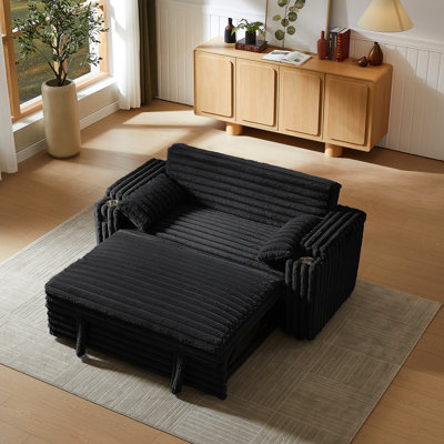 Bed In Black Corduroy, Convertible With Pull - Out, Armrest For Cameras, And Foam Support Corduroy Featuring A Hidden Cup Holders, Charging