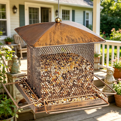 Heavy Duty Metal Bird Feeder For Outdoor Hanging - 3.5LB Large Capacity Wild Bird Feeder With Drainage Holes, Retro Square Design For Garden And Backyard