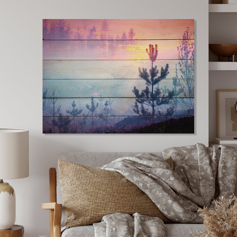 Nature brumeuse, paysage brumeux au lever du soleil, H 30 po x l 40 po x P 1 po