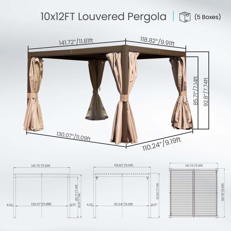 Pergola d'extérieur à persiennes avec persiennes réglables, H 92,8 po x l 141,72 po x P 118,82 po, Brun