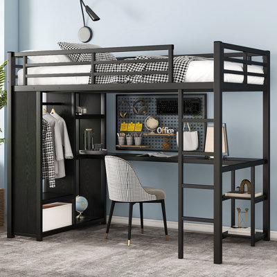 Structure de lit mezzanine avec garde-robe intégrée, lit mezzanine en métal avec bureau et tablettes de rangement