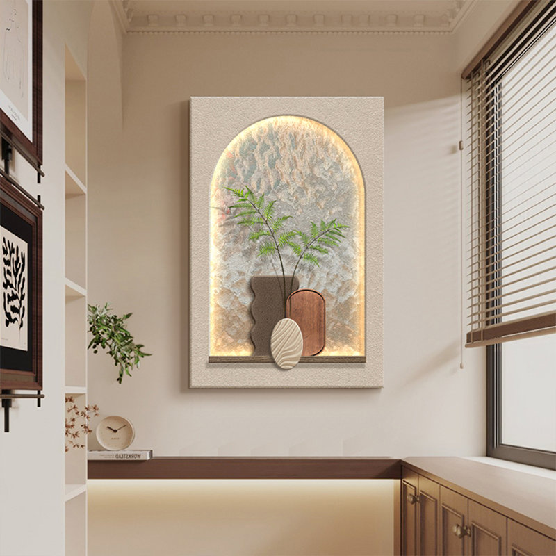 Peinture murale moderne moderne en relief en grès neutre avec lumière DEL chaude, peinture minimaliste de plante séchée pour salon