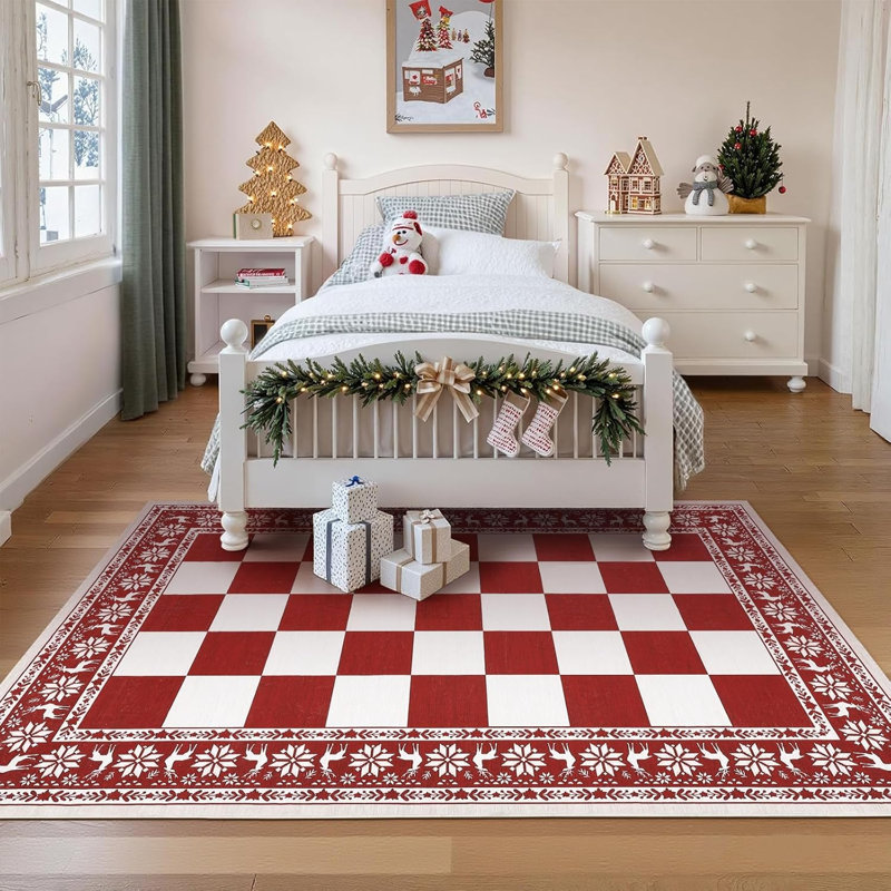Rug, Checkered Christmas Rugs for Holiday Decor, Non Slip Low Pile Washable Rug for Kitchen, Entryway, Living Room, Bedroom, Red