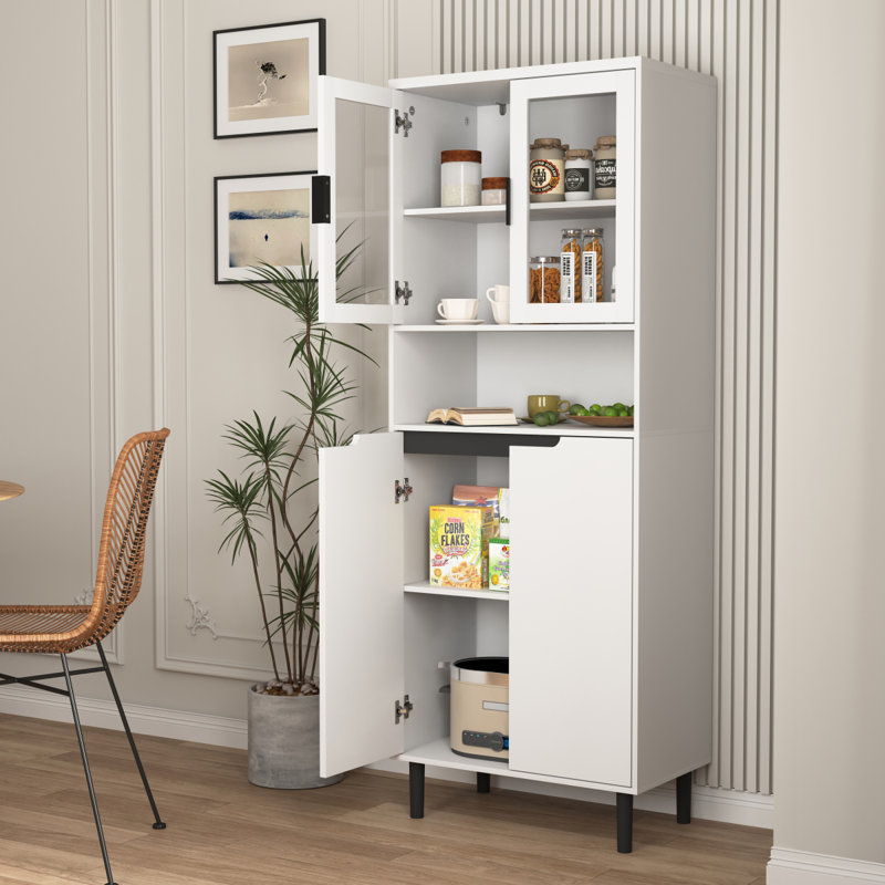 Armoire de rangement haute avec 2 portes vitrées et 2 portes, grande armoire de cuisine avec poignées dorées, White