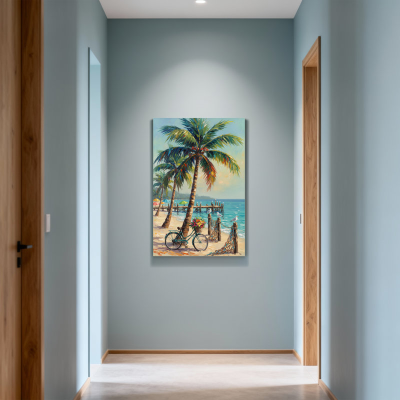 Plantes et fleurs, scène de plage tropicale avec palmiers et bicyclette