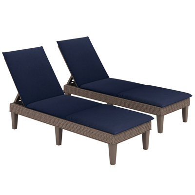 2PCS Patio Lounge Chair Recliner Chair w/ 3-Position Adjustable Backrest & Cushion Brown & Blue