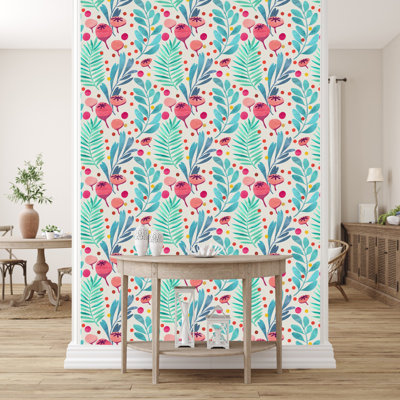 Papier peint rose musquée et feuilles