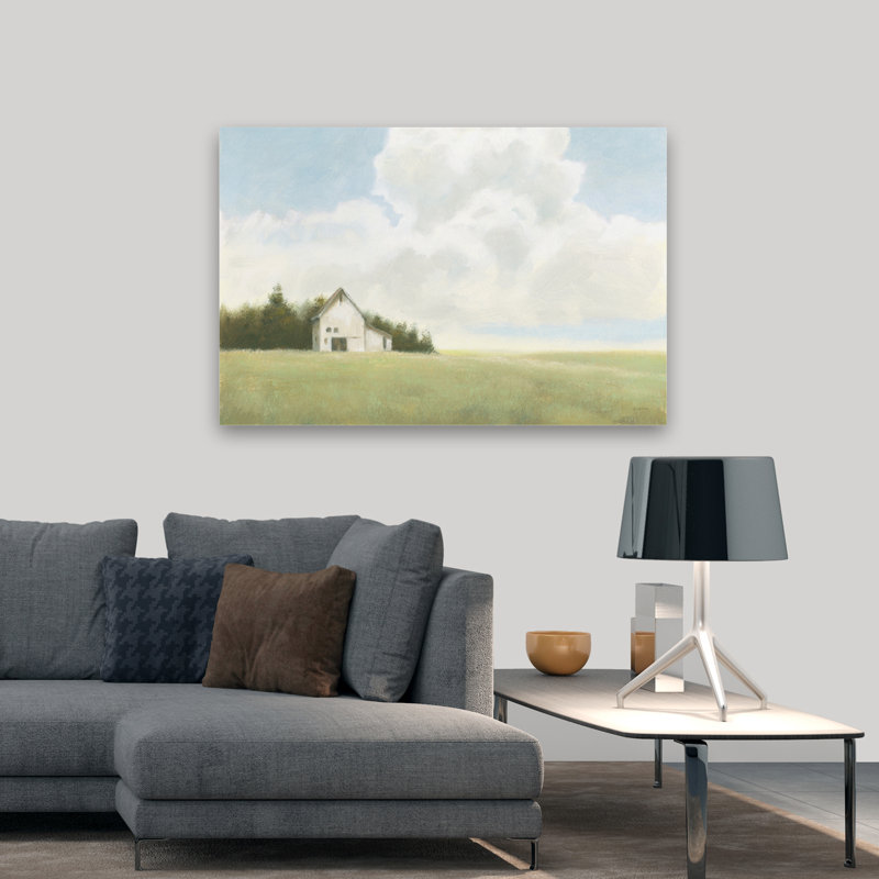 Granges et champ bleu et ciel V2, art, H 32 po x l 48 po
