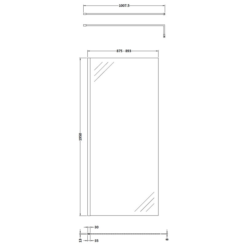 1950mm H Frameless Wet Room Glass Screens with Clear Glass, 1950 mm H x 1400 mm W