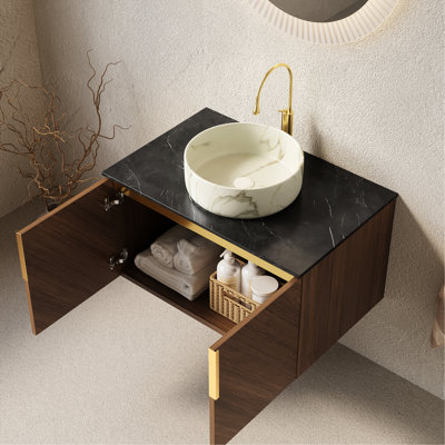 Meuble-lavabo flottant 30 po avec lavabo en pierre, pierre frittée noire, armoire en chêne brun, finition en céramique ronde blanche facile à assembler, conception en diagonale