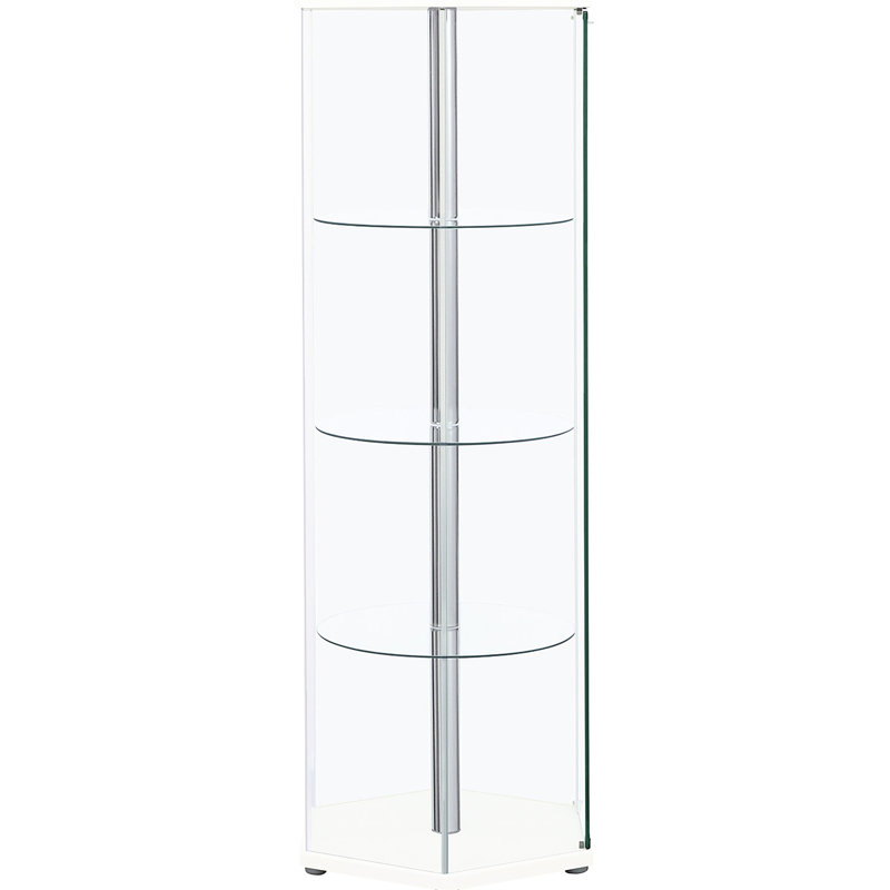 Armoire hexagonale en verre transparent à quatre tablettes blanches pour un présentoir décoratif moderne et élégant pour améliorer votre configuration de présentation