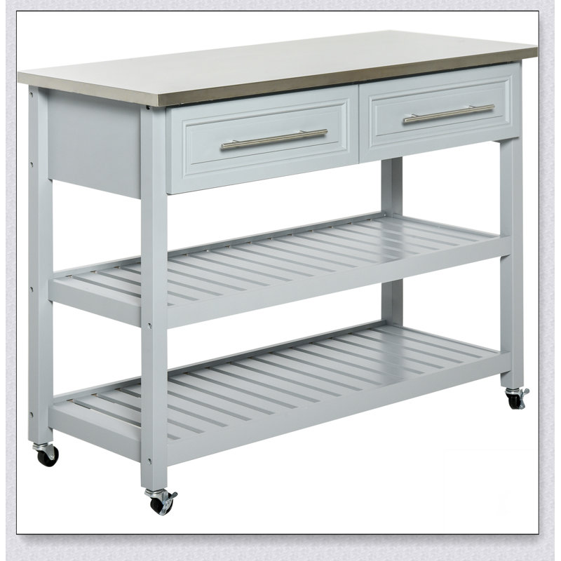 Stainless Steel Top Kitchen Island with Storage, 2-Tier Shelves, Drawers, and Wheels for Modern Kitchens